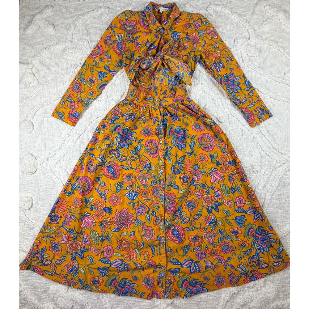 House of Harlow 1960 Floral Front Tie Cut Out Midi Dress Yellow XS‎ Boho Autumn
